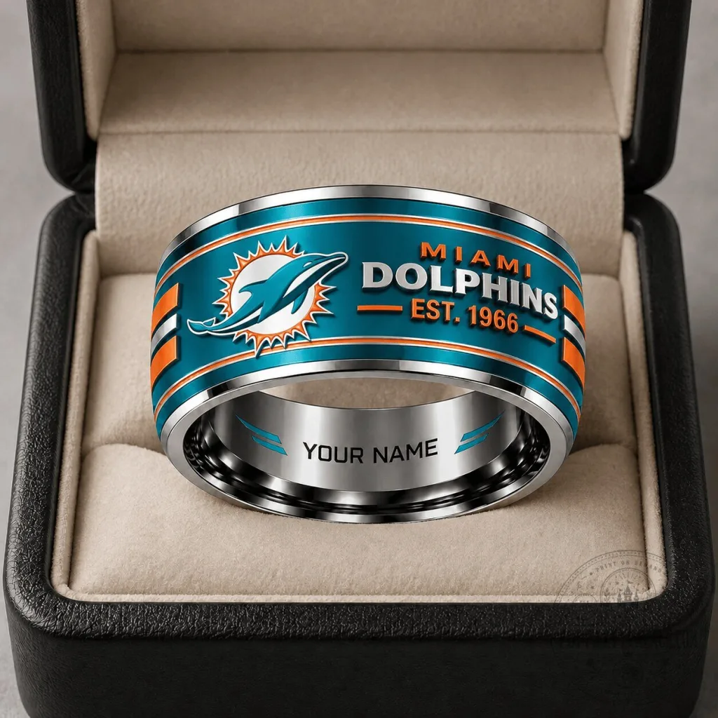 Miami Dolphins Personalized Silver Tungsten Ring with Team Logo and Established Date Miami Dolphins Personalized Silver Tungsten Ring with Team Logo and Established Date