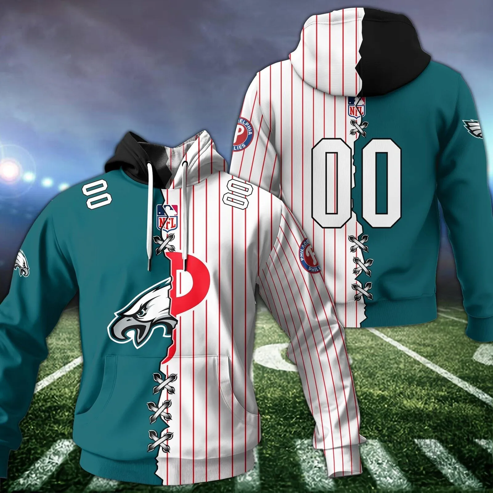 Philadelphia Eagles Football Custom Name Number Split Hoodie 12 Philadelphia Eagles Football Custom Name Number Split Hoodie