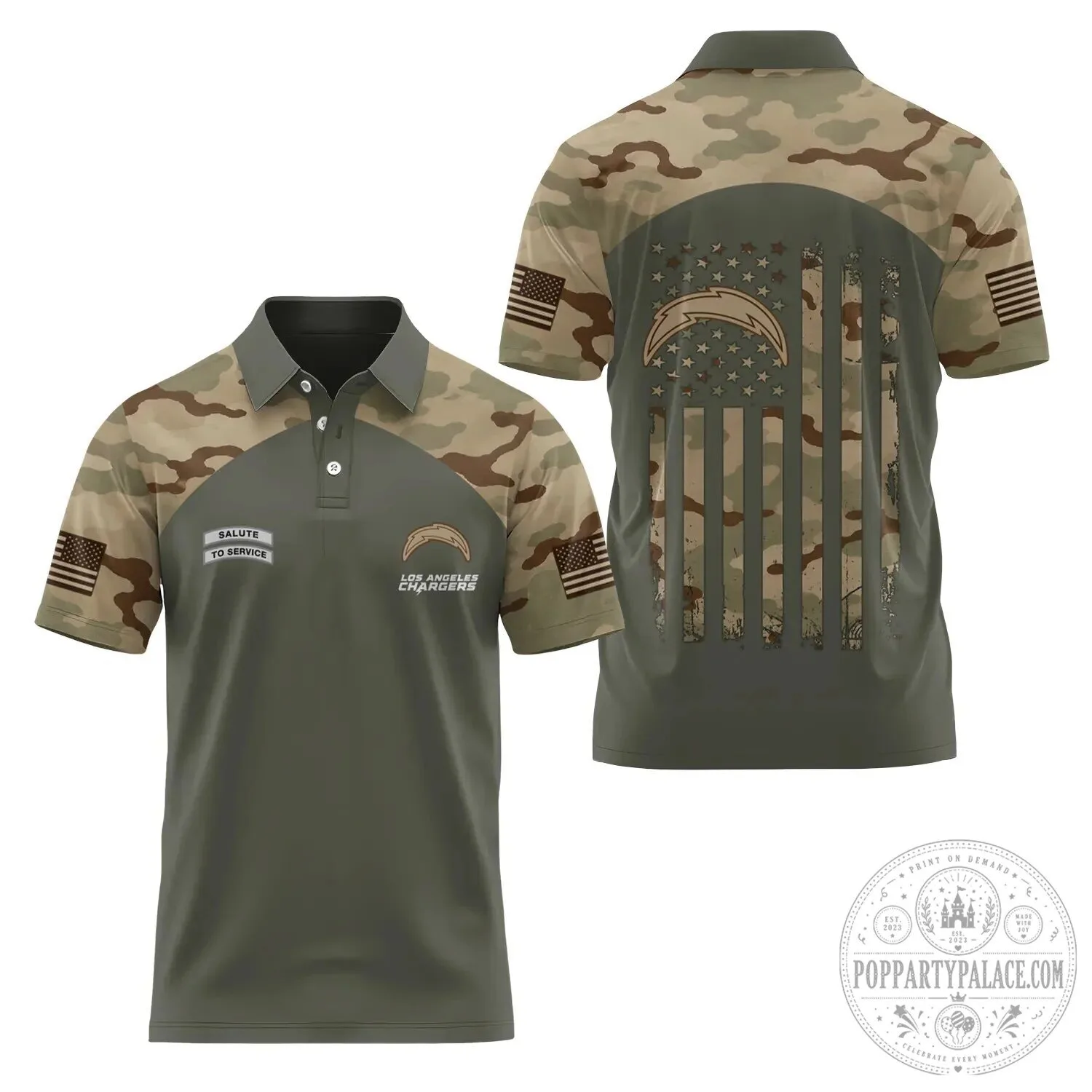 Los Angeles Chargers Salute To Service Camouflage American Flag Polo Shirt