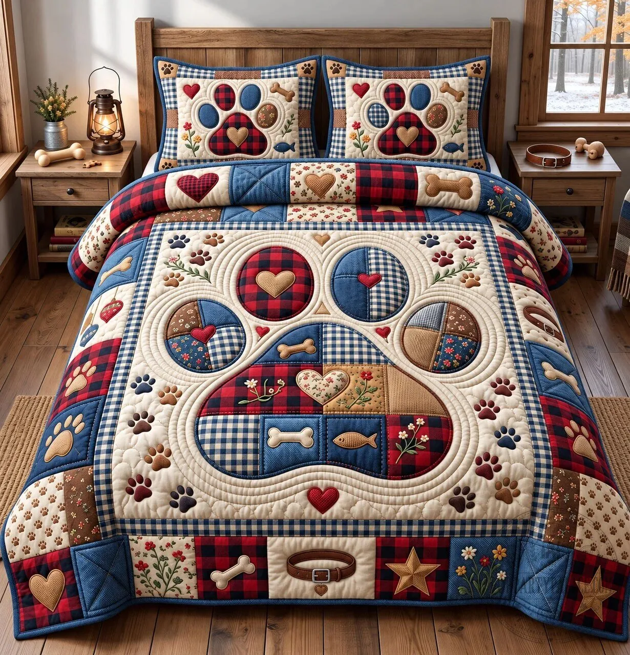 Quilted Paw Print Patchwork Dog Bone and Heart Pattern Bedding Set