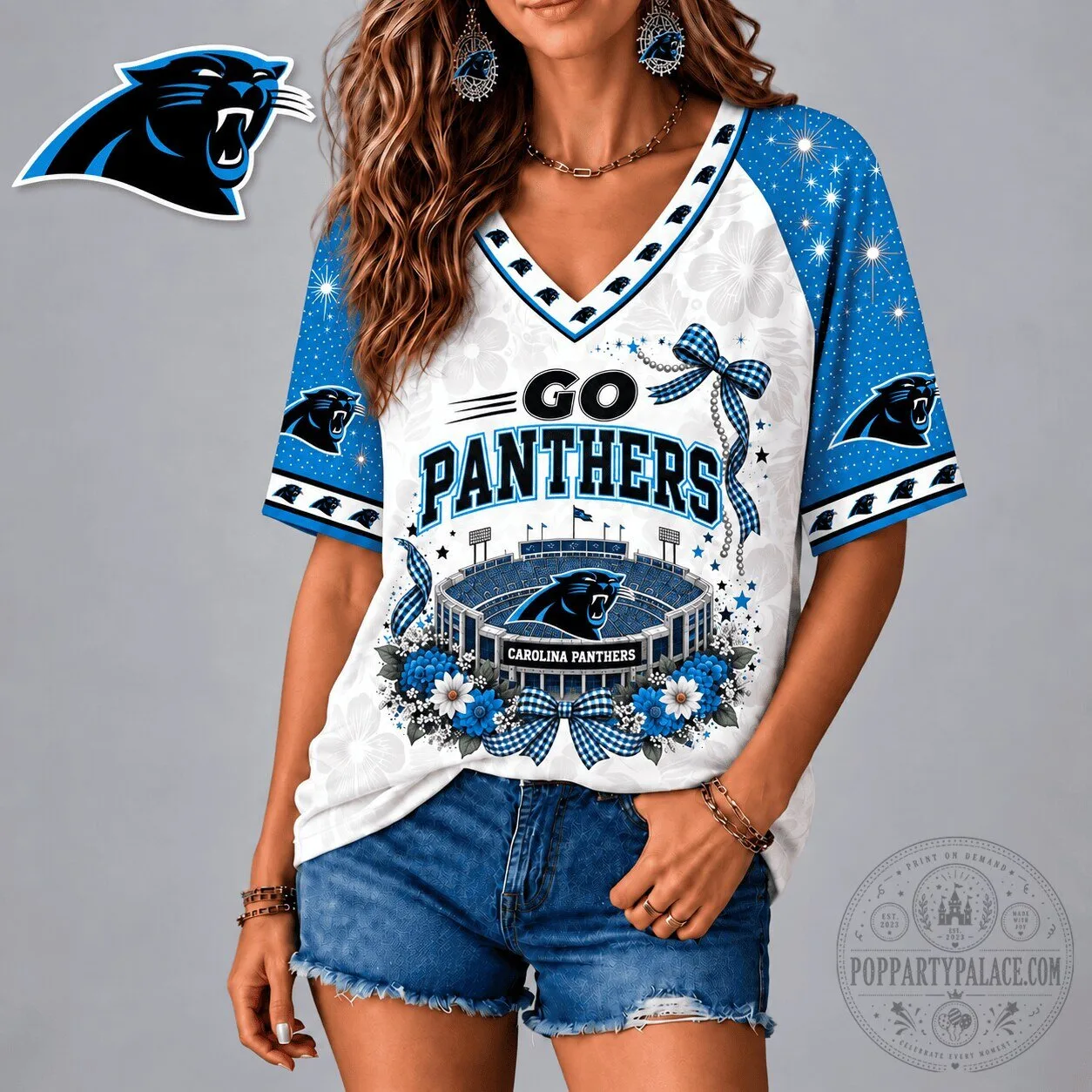 Carolina Panthers National Football League Patriotic Floral Bow V-Neck T-Shirt