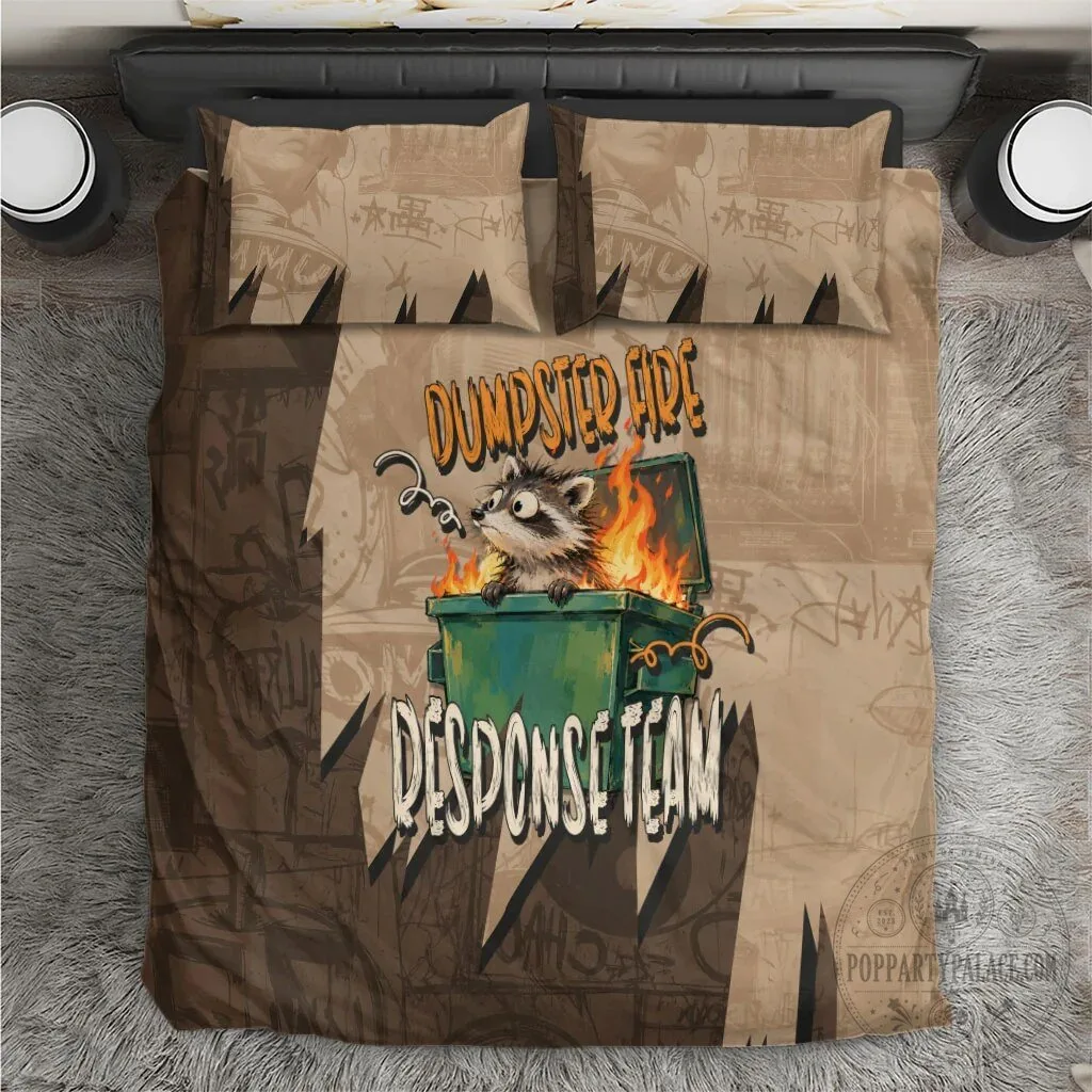 Dumpster Fire Response Team Funny Raccoon Cartoon Vintage Grunge Collage Bedding Set