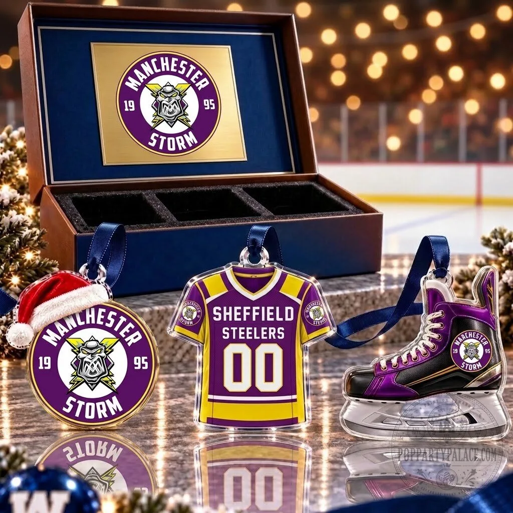 Manchester Storm Ice Hockey Team Logo and Jersey Acrylic Christmas Ornament Set 5 Manchester Storm Ice Hockey Team Logo and Jersey Acrylic Christmas Ornament Set