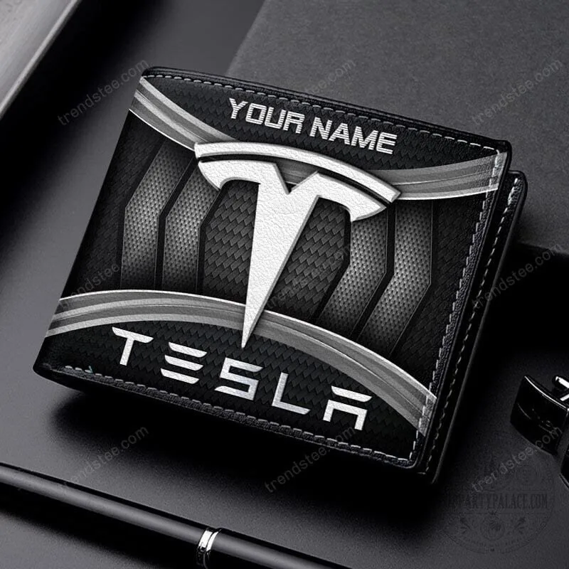 Tesla Custom Name Black and Silver Car Logo Bifold Wallet