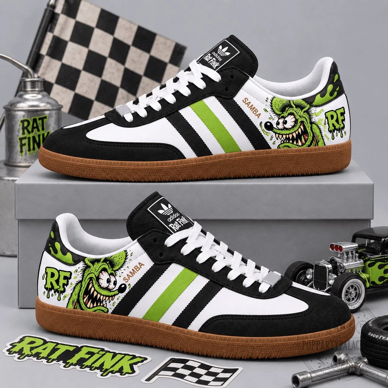 Rat Fink Wild Black Neon Green Monster Hot Rod Adidas Samba OG Graphic Shoes