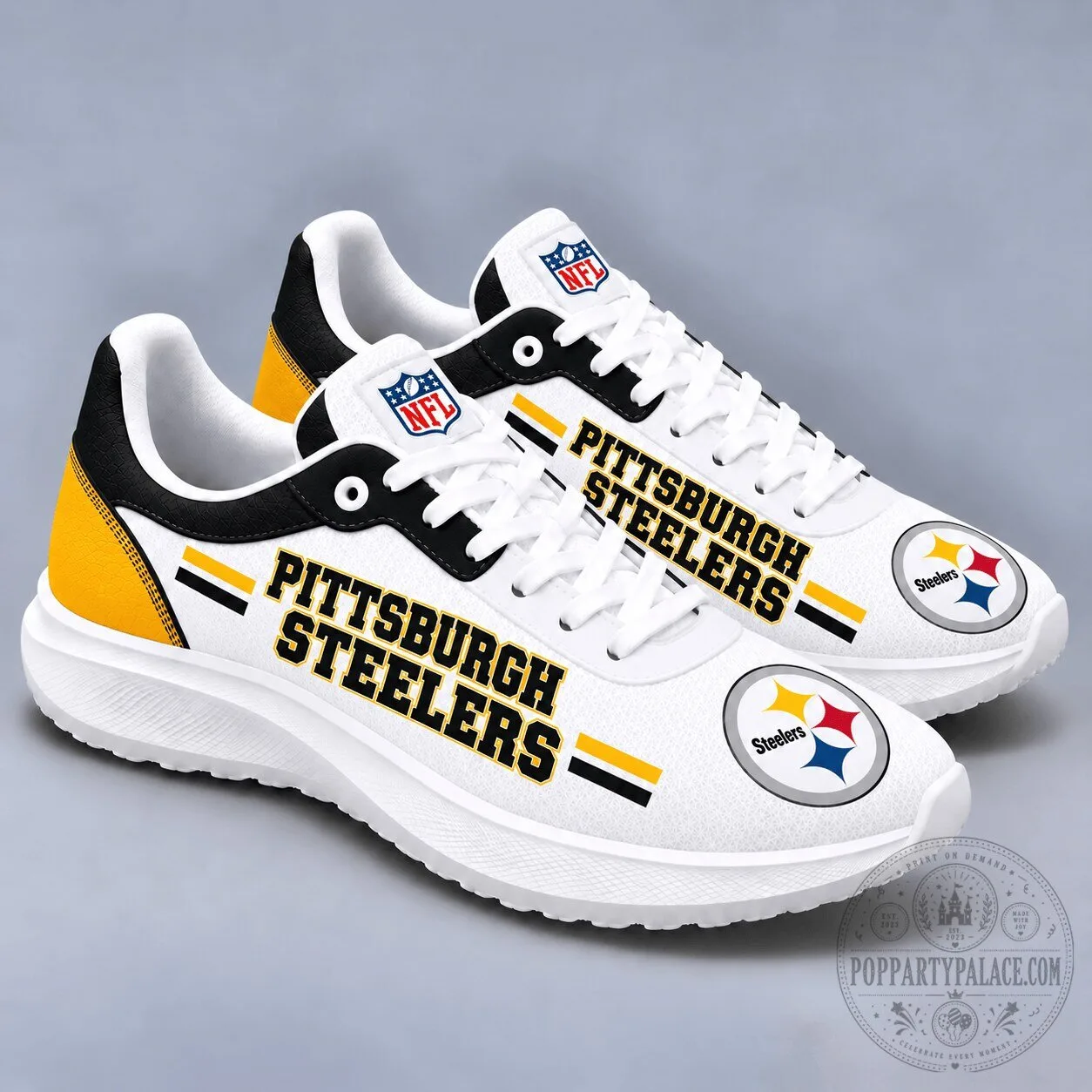 Pittsburgh Steelers NFL Team Logo White and Gold Stripe Sport Sneakers 2 Pittsburgh Steelers NFL Team Logo White and Gold Stripe Sport Sneakers
