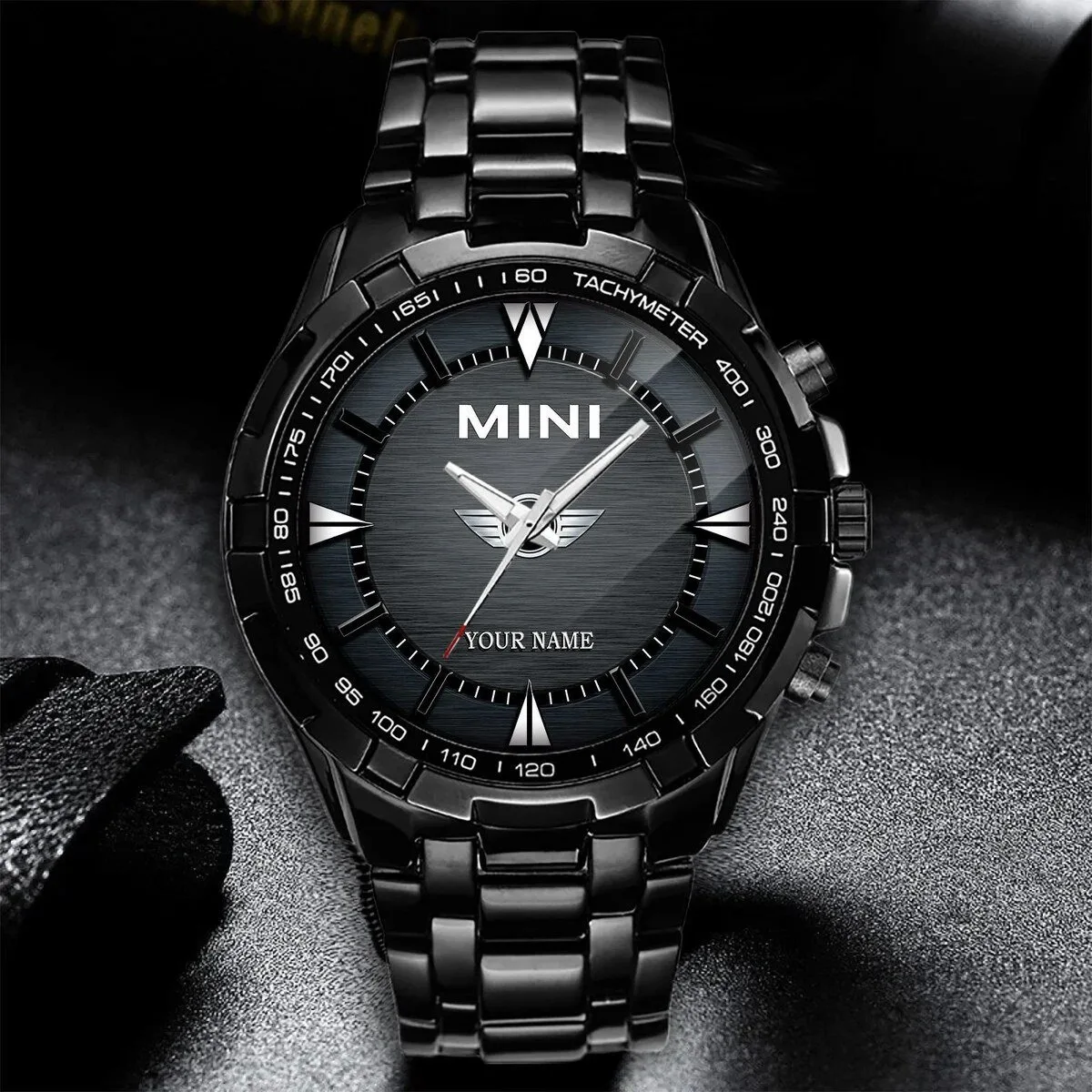Mini Cooper Custom Name Black Stainless Steel Chronograph Watch