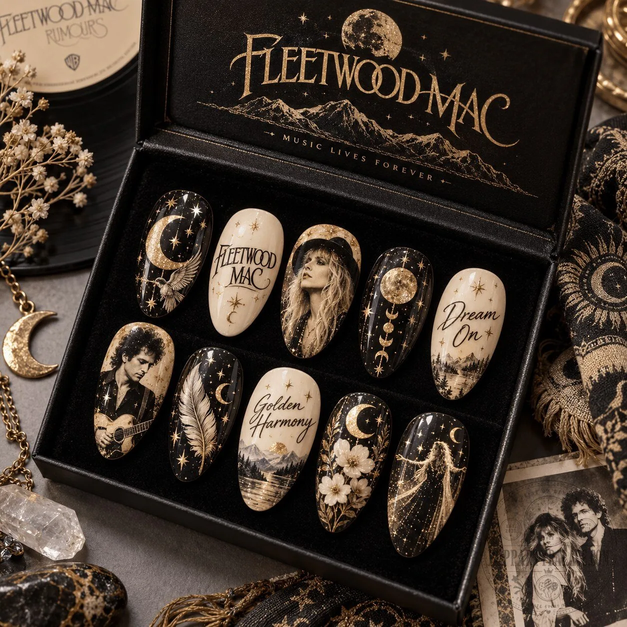 Fleetwood Mac Celestial Sepia Portrait Press-On Nails Set for Classic Rock Fans