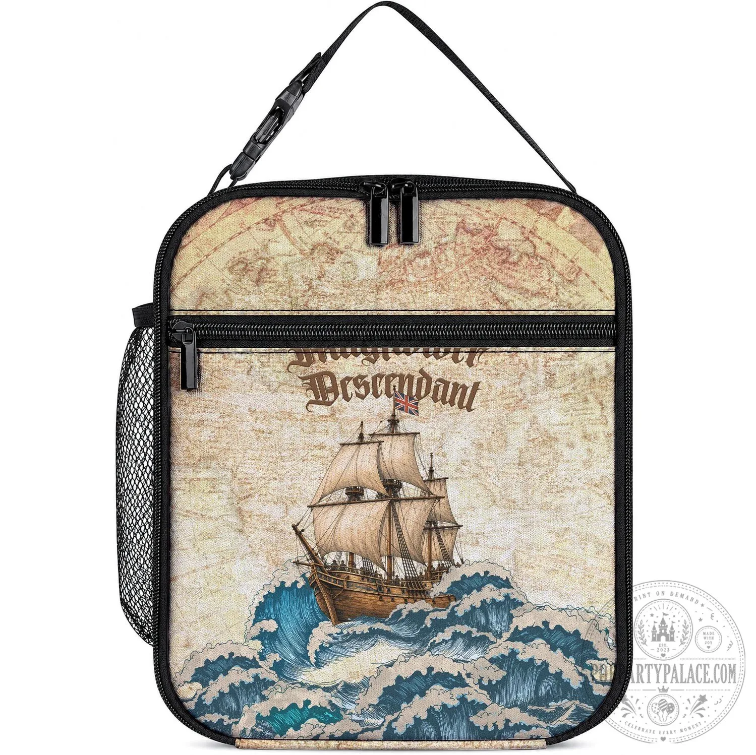 Mayflower Descendant Ship Vintage Nautical Map Ocean Waves Lunch Bag
