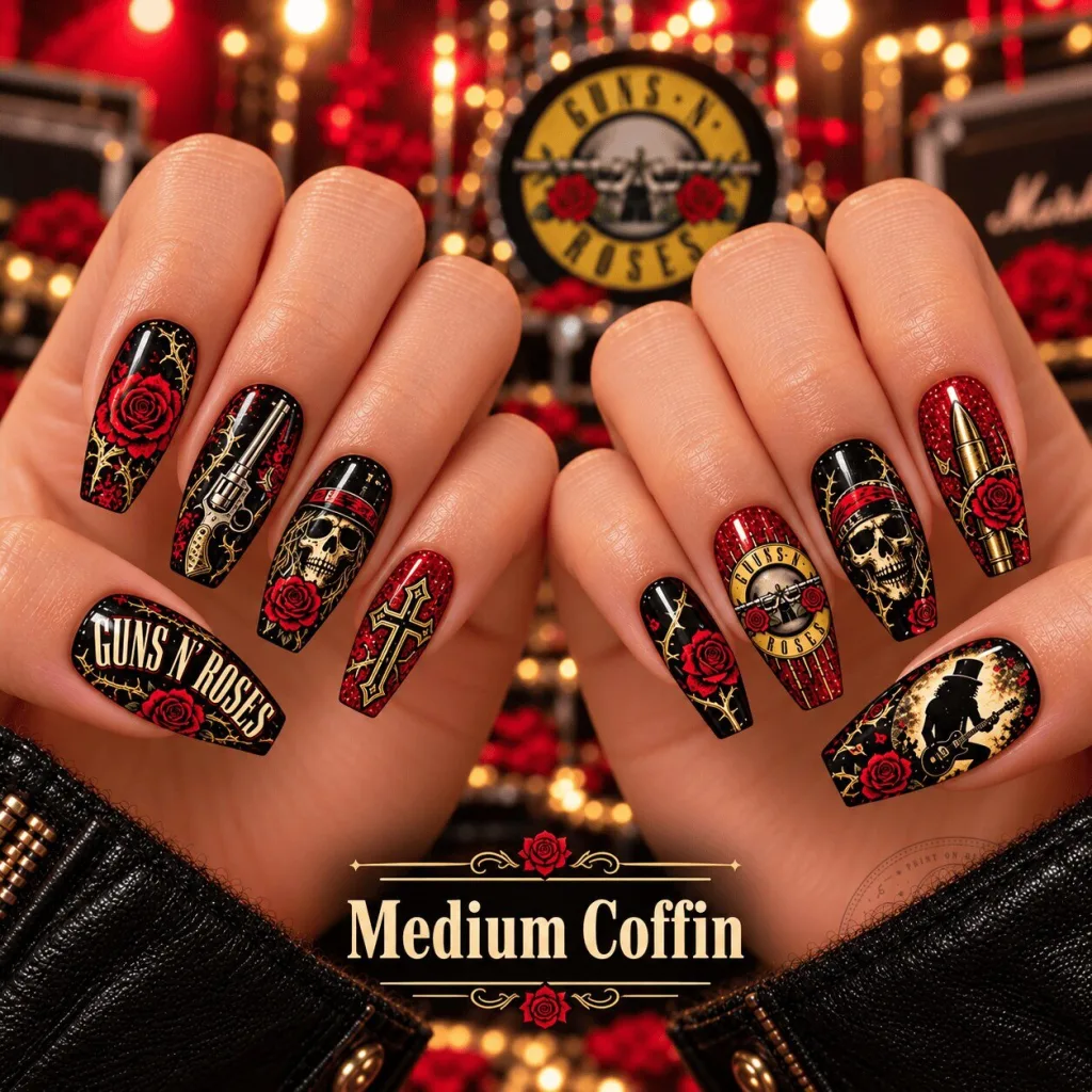 Guns N' Roses Rock Band Skull and Roses Press-On Nails Set Guns N' Roses Rock Band Skull and Roses Press-On Nails Set