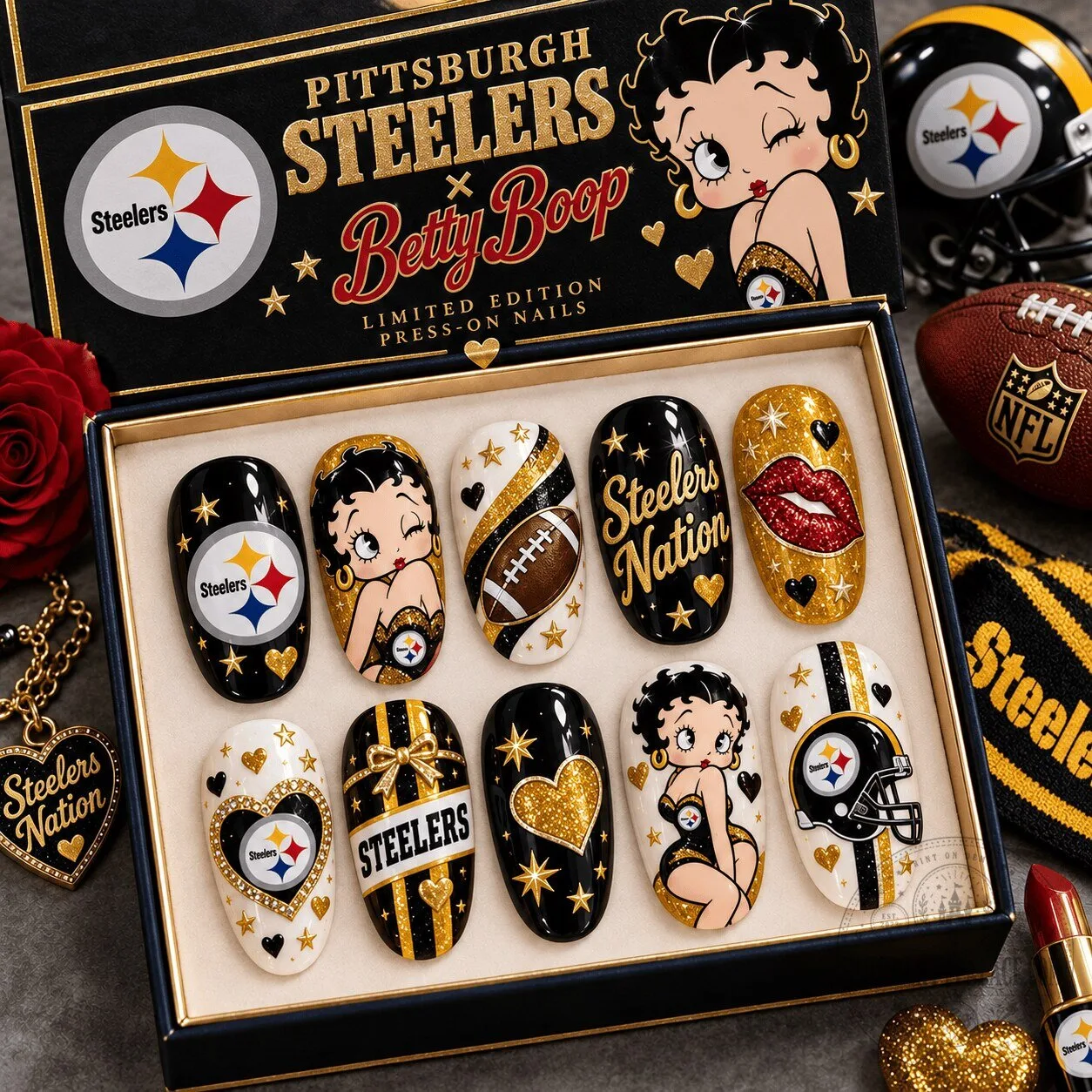 Pittsburgh Steelers Betty Boop Glamour Football Fan Art Press-On Nails