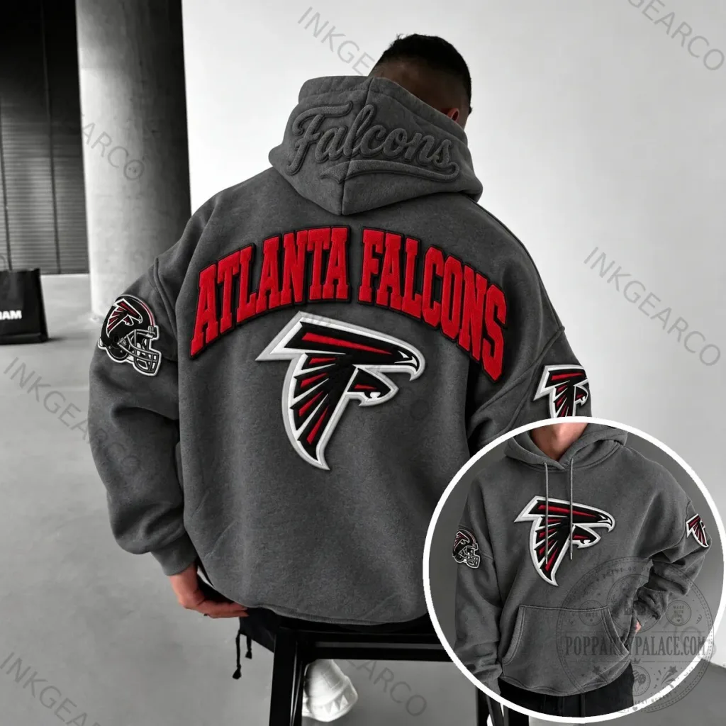 Atlanta Falcons NFL Football Team Logo Embroidered Dark Gray Hoodie Atlanta Falcons NFL Football Team Logo Embroidered Dark Gray Hoodie