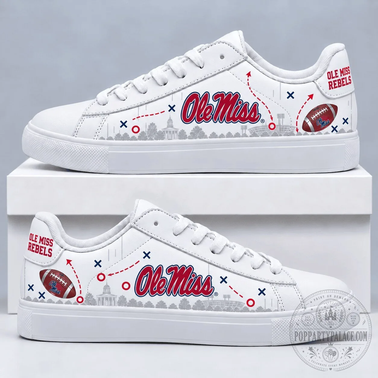 Ole Miss Rebels Football Team Logo White Low Top Sneakers Shoes