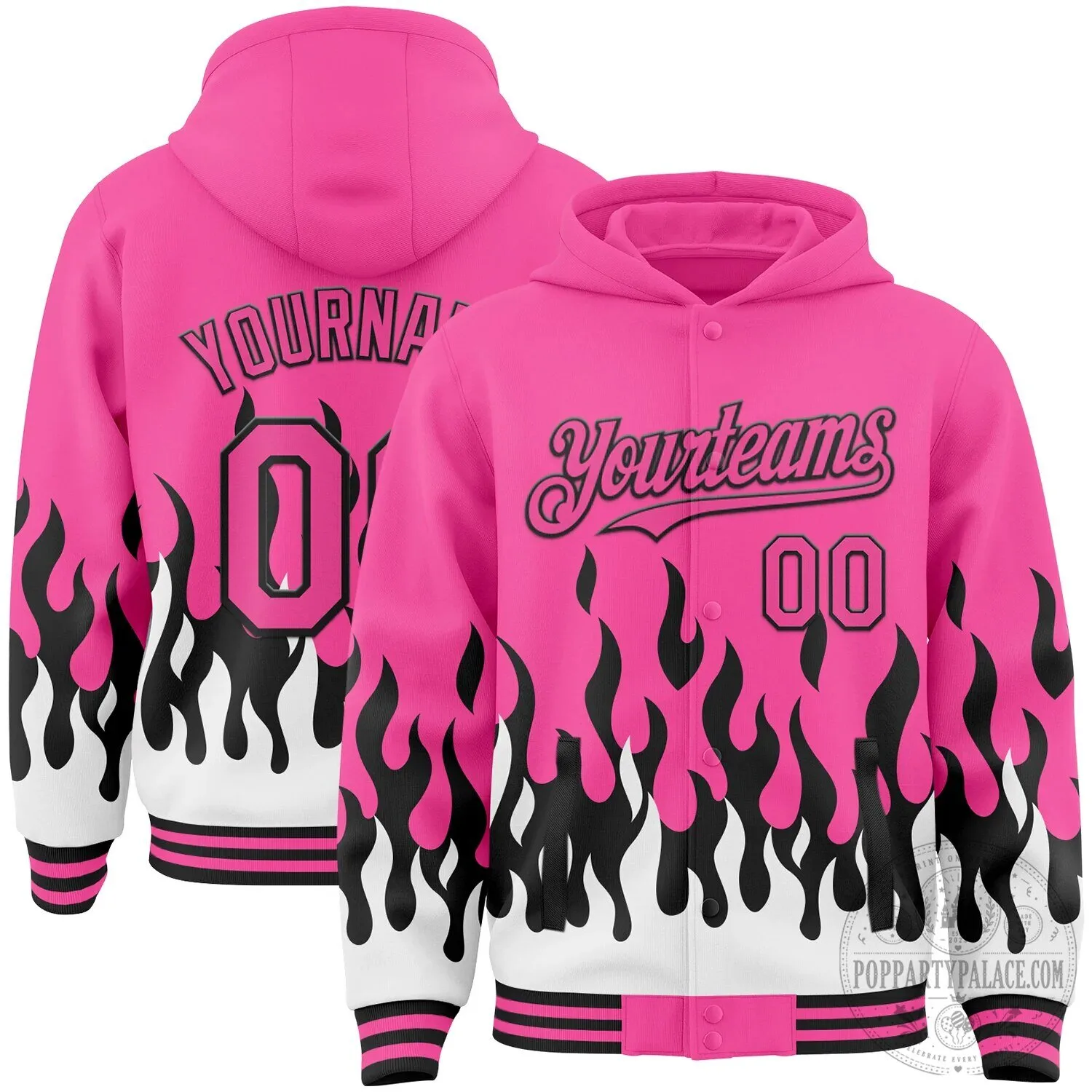Custom Pink Black White Fire Flame Bomber Full Snap Varsity Letterman Hoodie Jacket