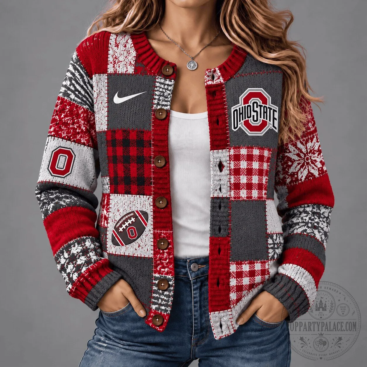 Ohio State Buckeyes Football Vintage Patchwork Cardigan Sweater for Women