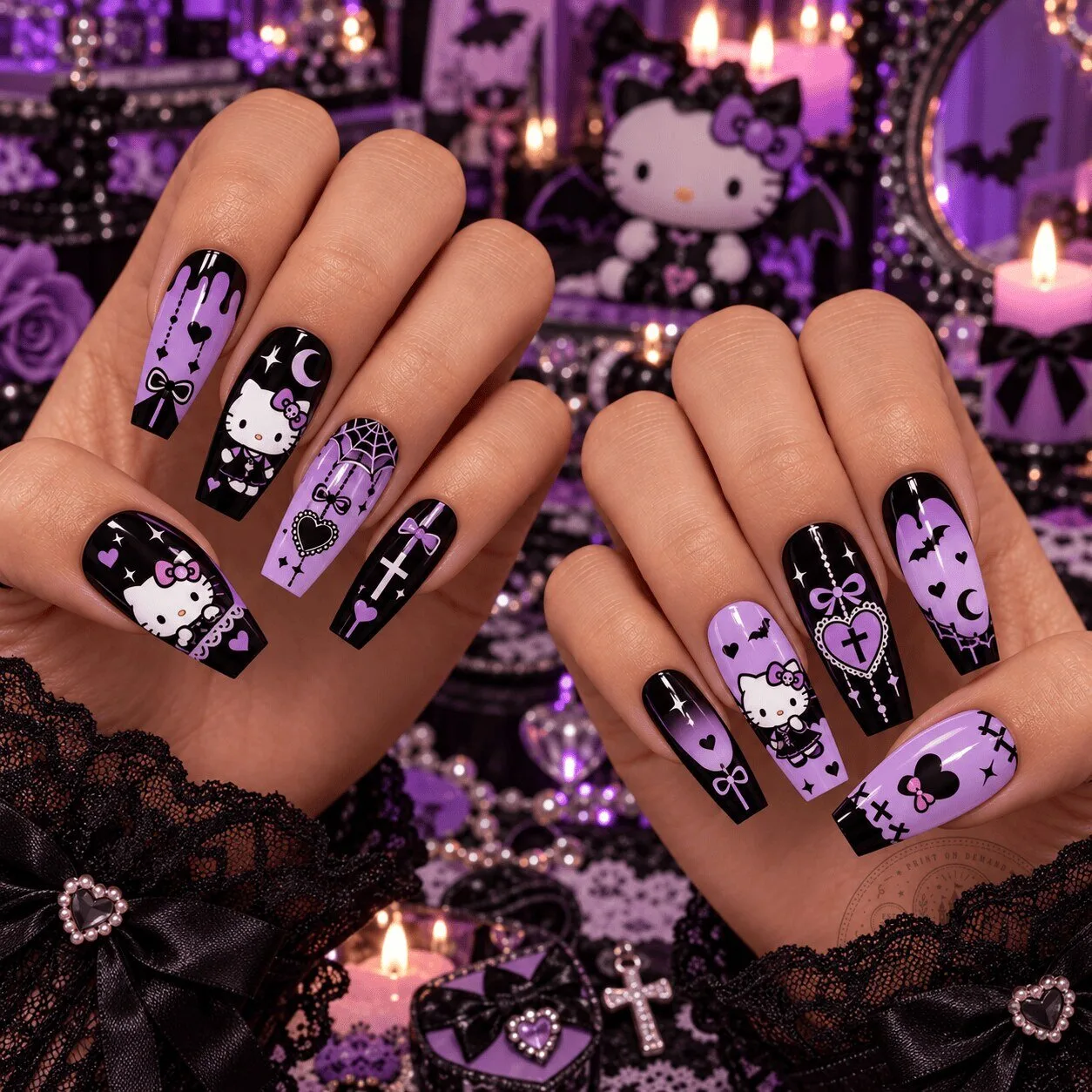 Hello Kitty Gothic Halloween Purple Press-On Nails Set