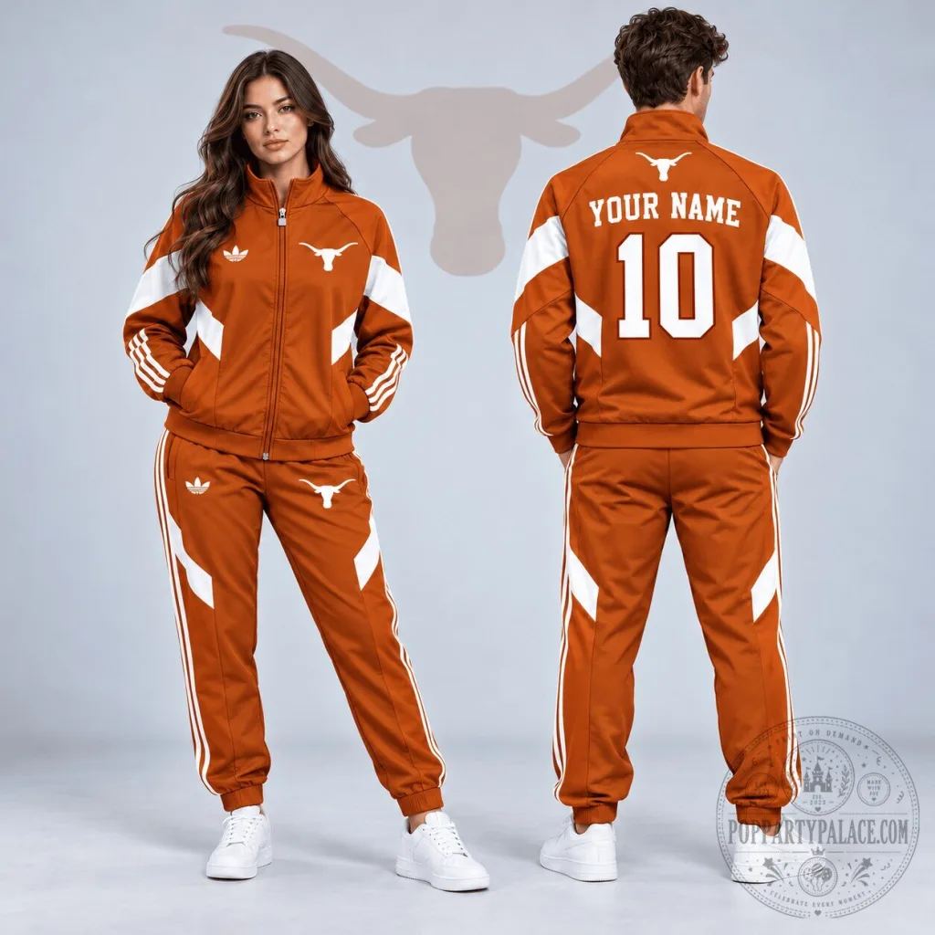 Texas Longhorns Personalized Adidas Style Orange Tracksuit Jacket and Pants Set Texas Longhorns Personalized Adidas Style Orange Tracksuit Jacket and Pants Set