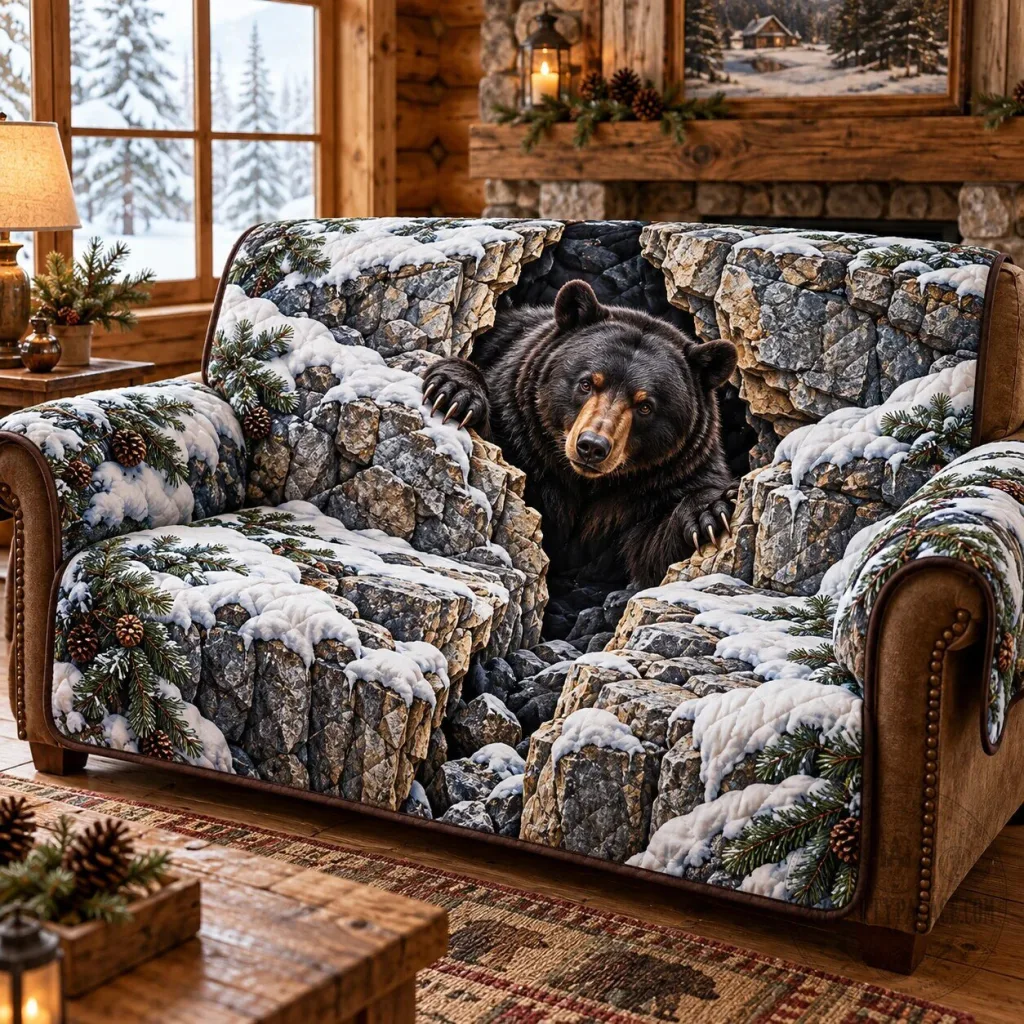 Winter Bear Quilted Sofa Cover, Rustic Cabin Decor, Wildlife Animal Furniture Protector Winter Bear Quilted Sofa Cover, Rustic Cabin Decor, Wildlife Animal Furniture Protector