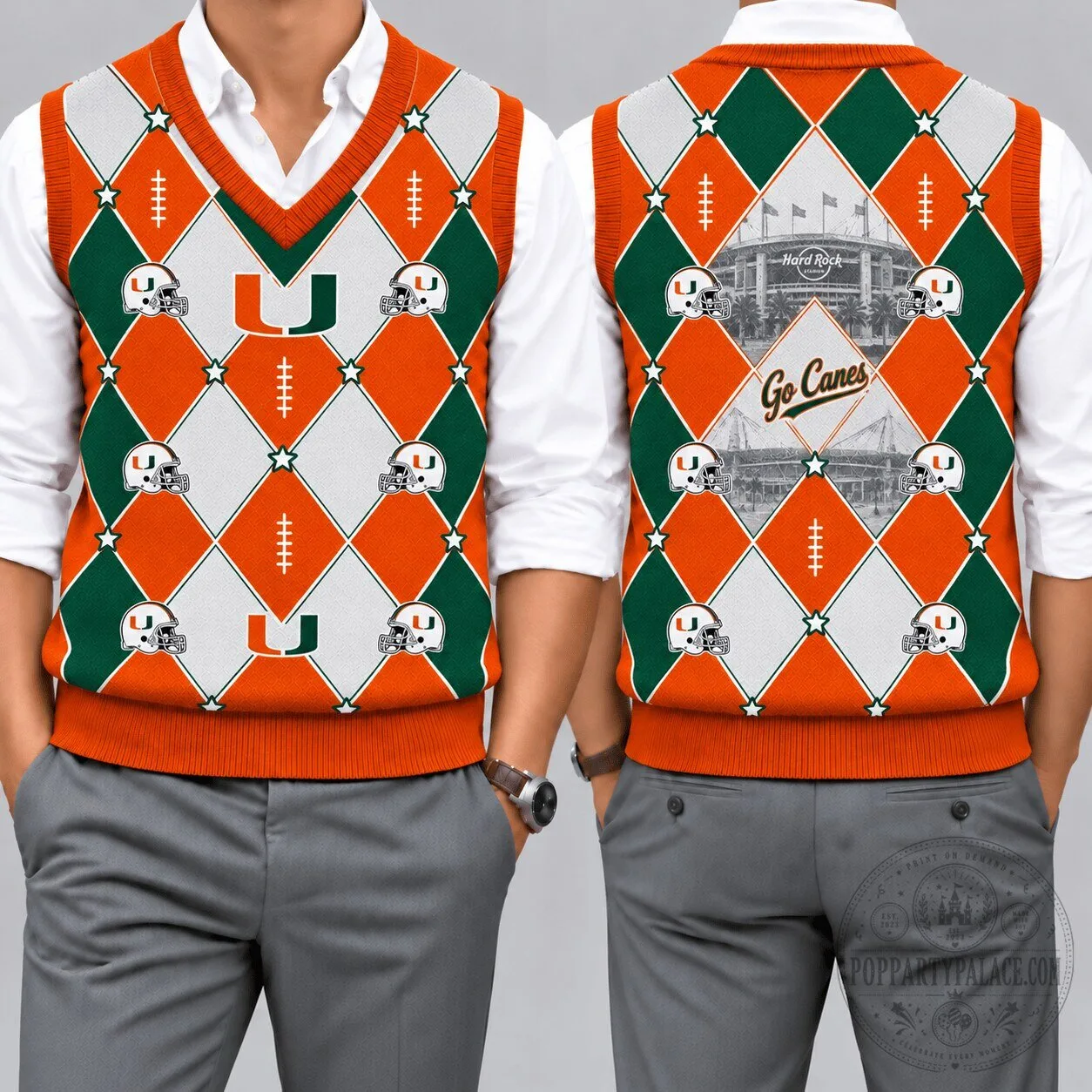Miami Hurricanes Football Team Argyle Pattern V-Neck Sleeveless Knit Vest 5 Miami Hurricanes Football Team Argyle Pattern V-Neck Sleeveless Knit Vest