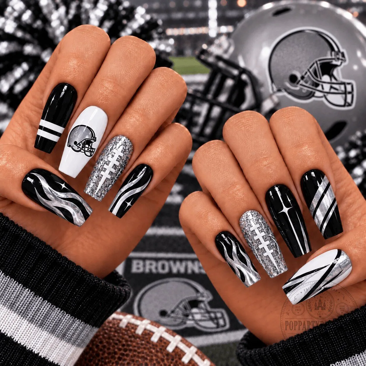 Cleveland Browns Football Team Black Silver Chrome Game Day Press-On Nails