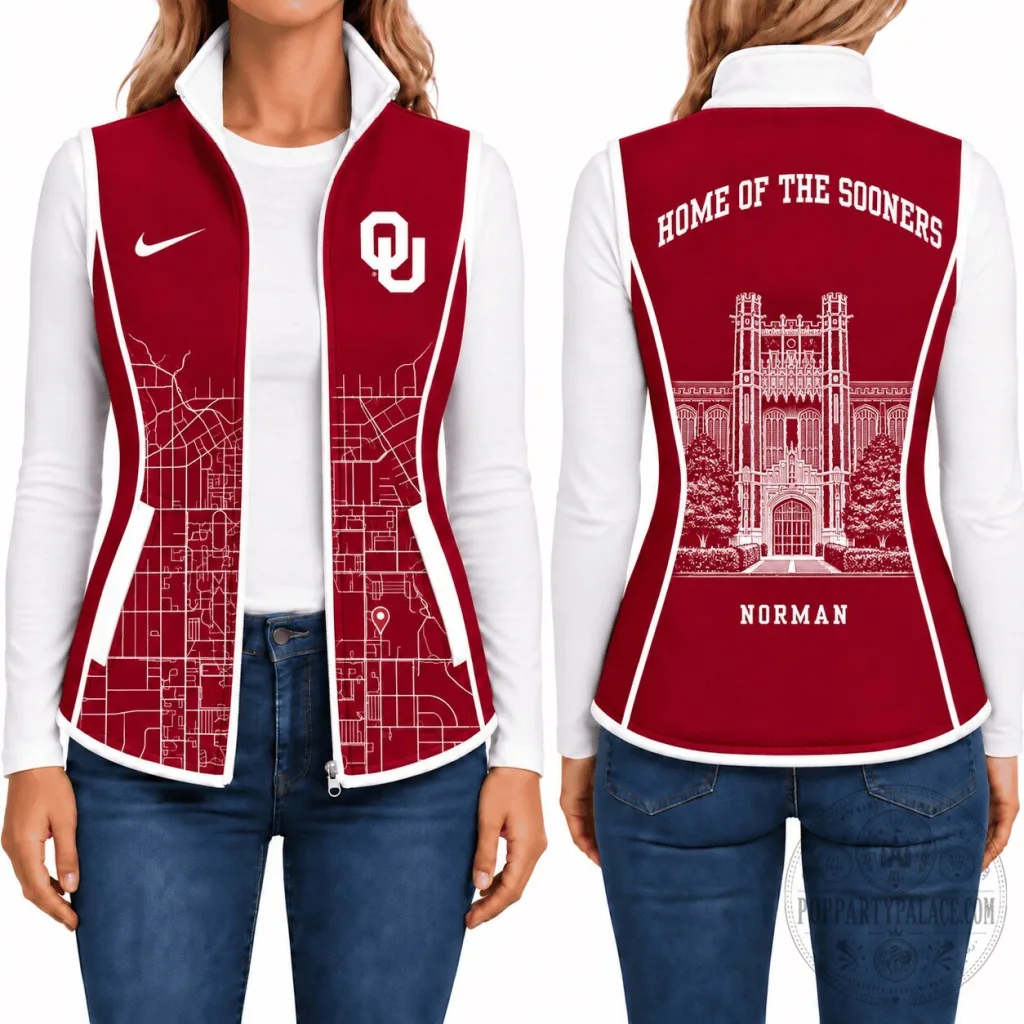 Oklahoma Sooners Women's Full-Zip Vest with Norman City Map and Campus Design Oklahoma Sooners Women's Full-Zip Vest with Norman City Map and Campus Design
