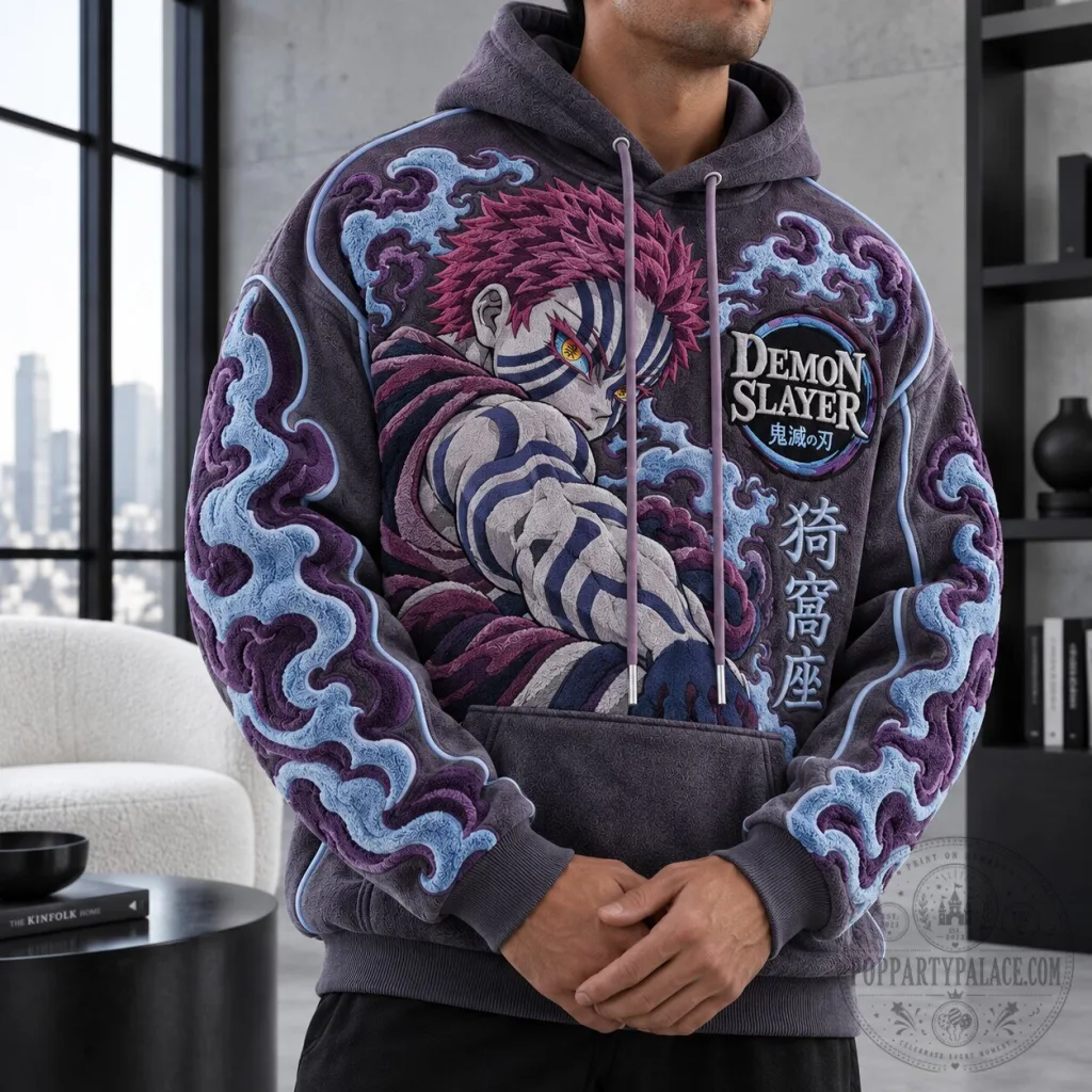 Demon Slayer Akaza Anime Embroidered Fleece Hoodie Demon Slayer Akaza Anime Embroidered Fleece Hoodie
