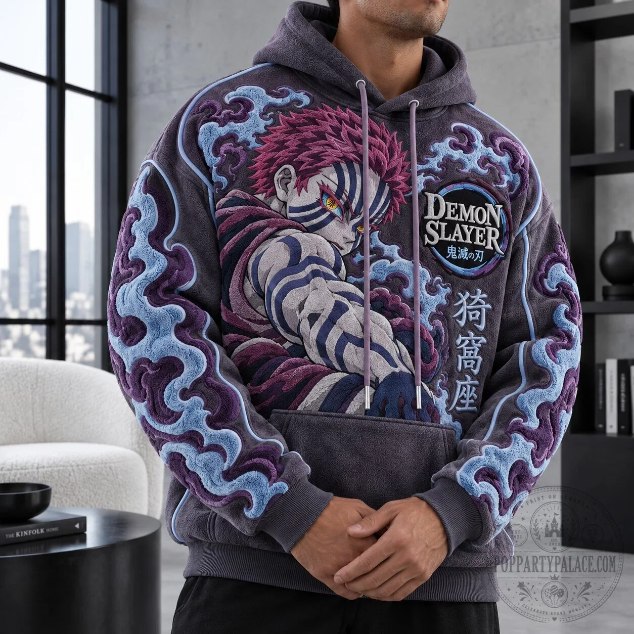 Demon Slayer Akaza Anime Embroidered Fleece Hoodie