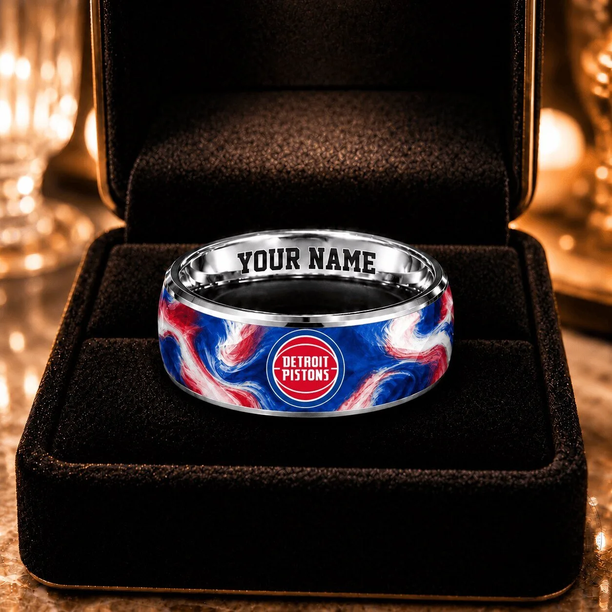 Detroit Pistons NBA Basketball Team Swirl Design Personalized Ring