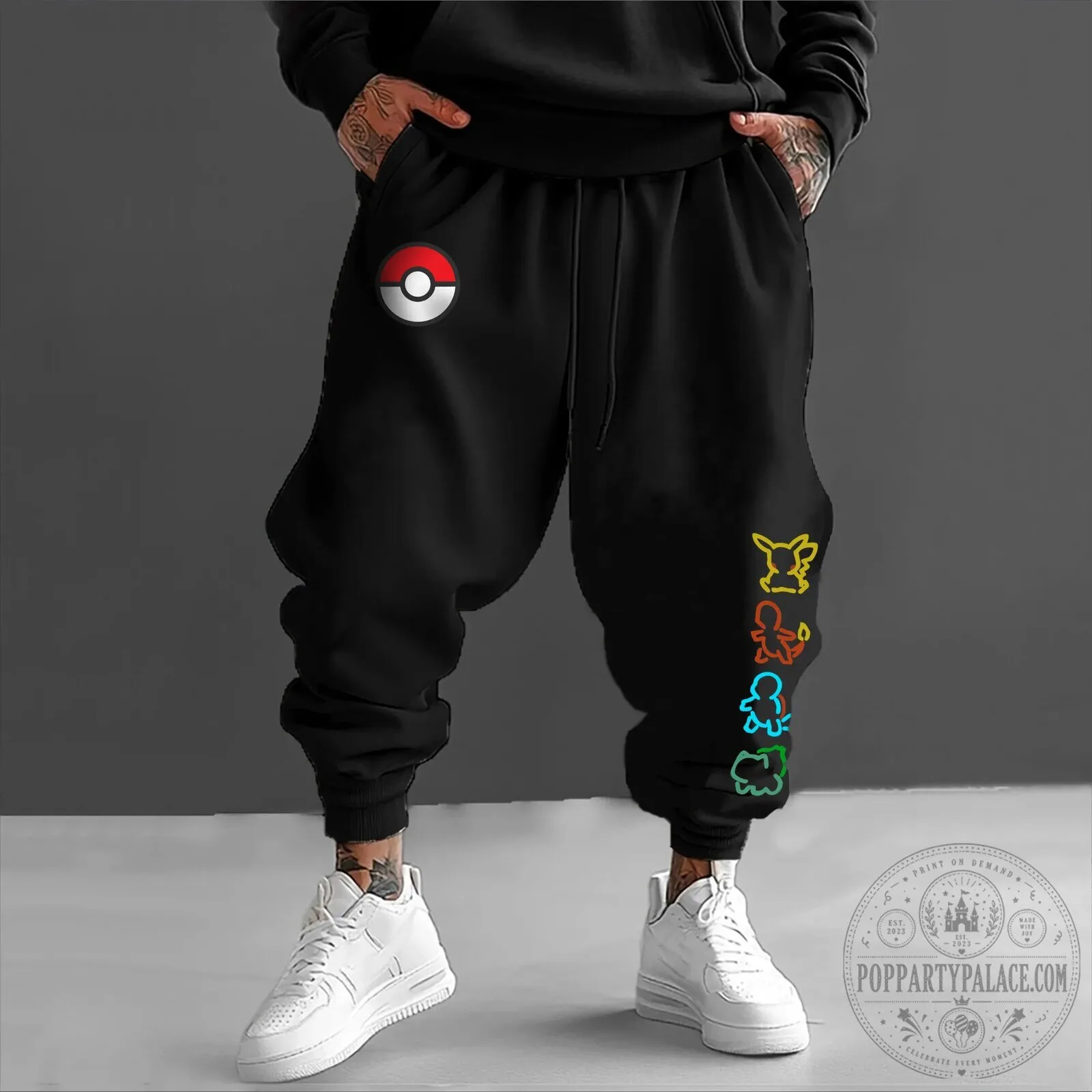 Pokemon Pokeball Pikachu Charmander Squirtle Bulbasaur Black Jogger Pants