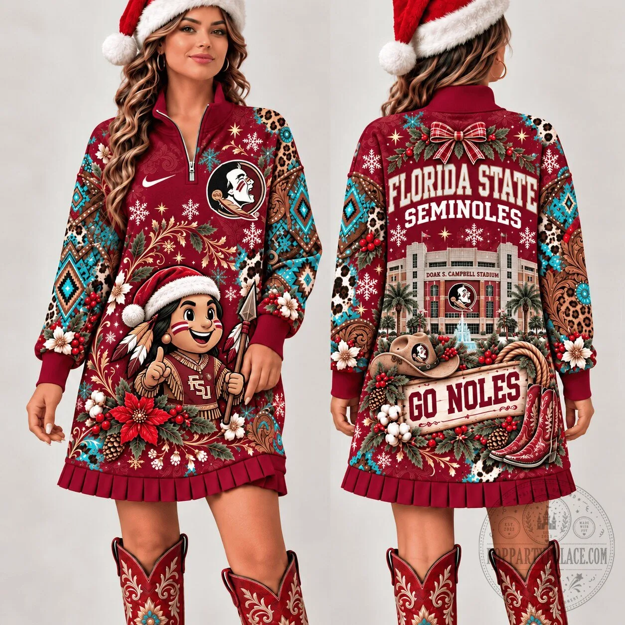 Florida State Seminoles Christmas Western Boho Quarter-Zip Sweatshirt Dress 1 Florida State Seminoles Christmas Western Boho Quarter-Zip Sweatshirt Dress