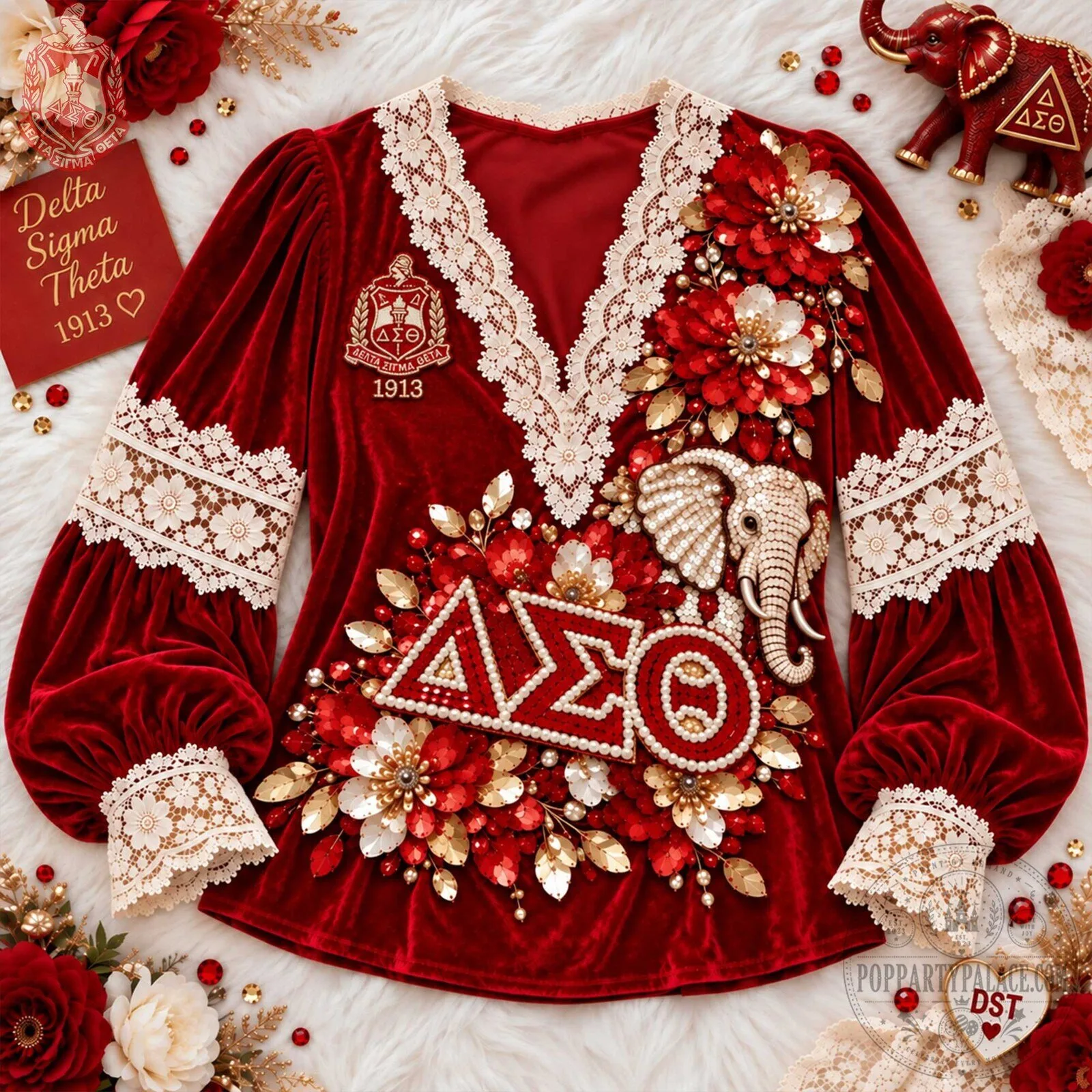 Delta Sigma Theta Sorority Red Velvet V-Neck Lace Long Sleeve Shirt 2 Delta Sigma Theta Sorority Red Velvet V-Neck Lace Long Sleeve Shirt