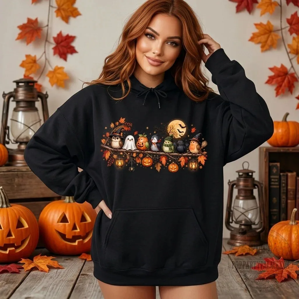 Cute Halloween Birds on a Branch Autumn Spooky Season Graphic Hoodie