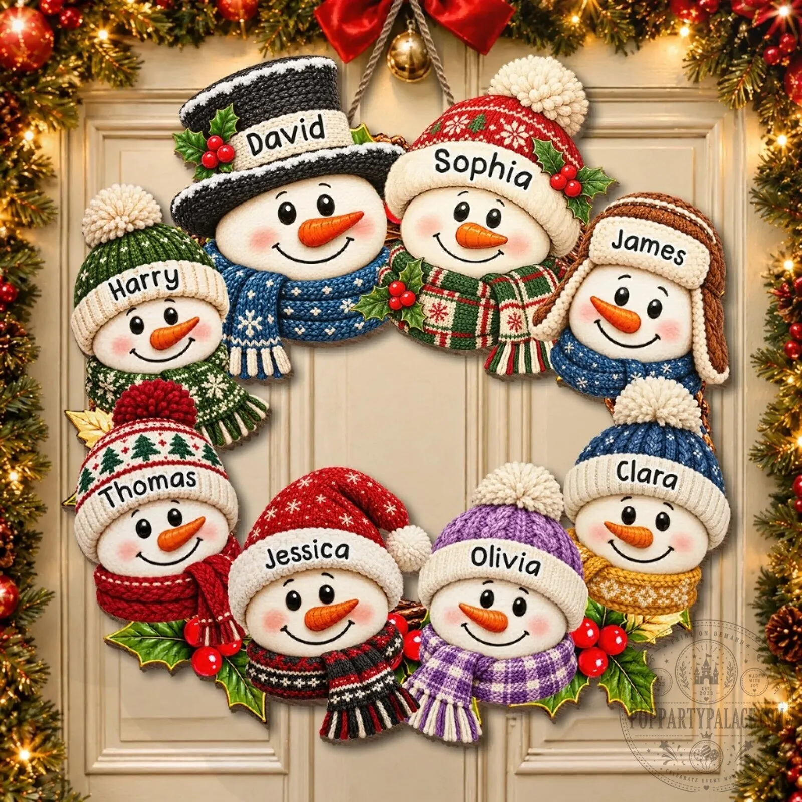 Personalized Christmas Snowman Family Wreath Custom Wooden Door Sign