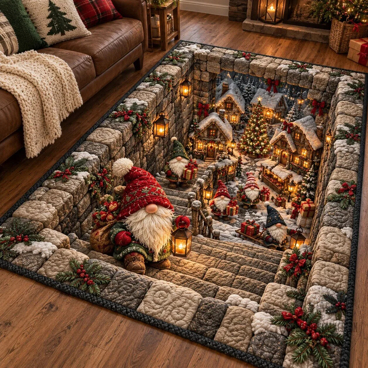 Christmas Gnomes Winter Village Scene Holiday Decor Area Rug