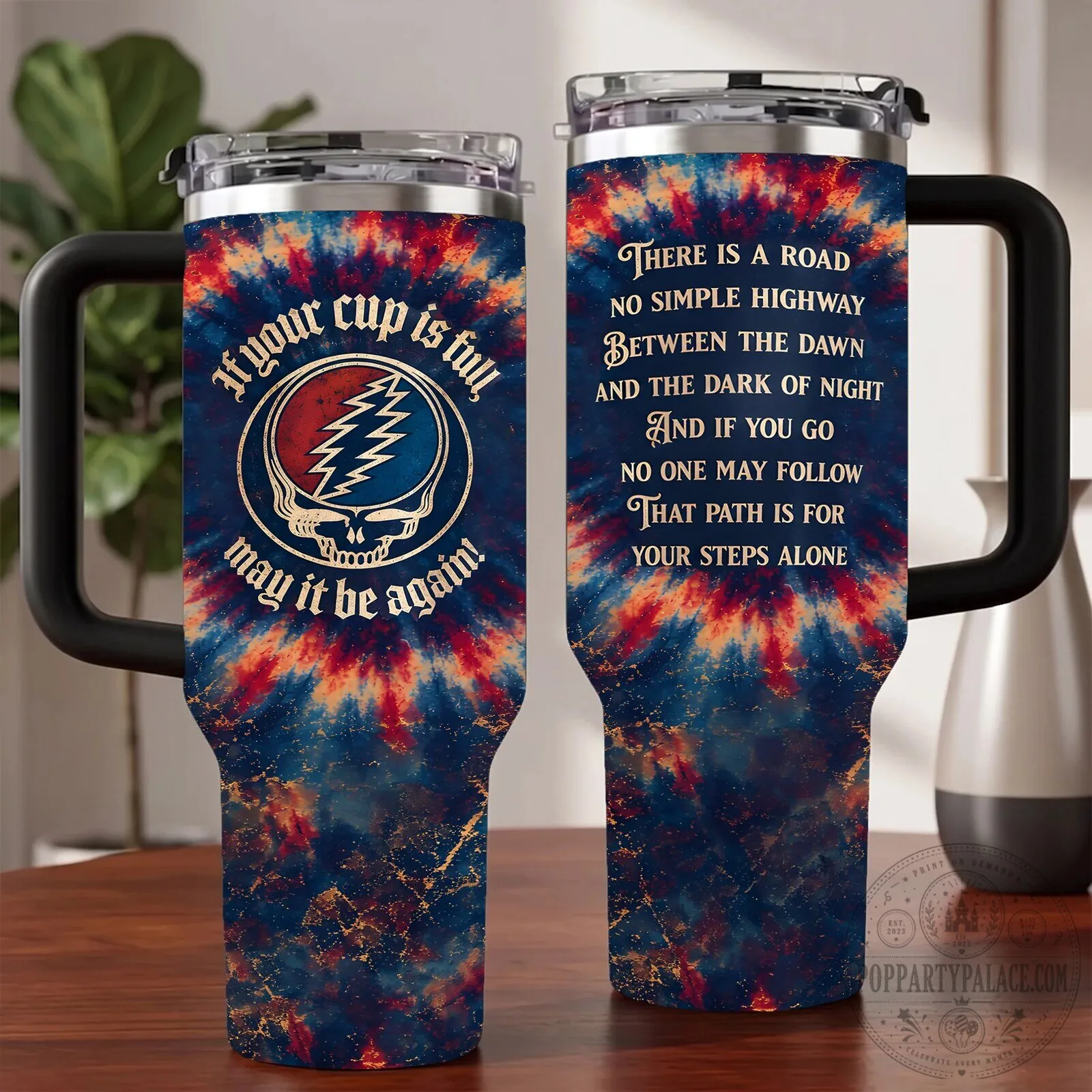 Grateful Dead Ripple Lyrics Tie Dye Stainless Steel Tumbler with Handle 6 Grateful Dead Ripple Lyrics Tie Dye Stainless Steel Tumbler with Handle