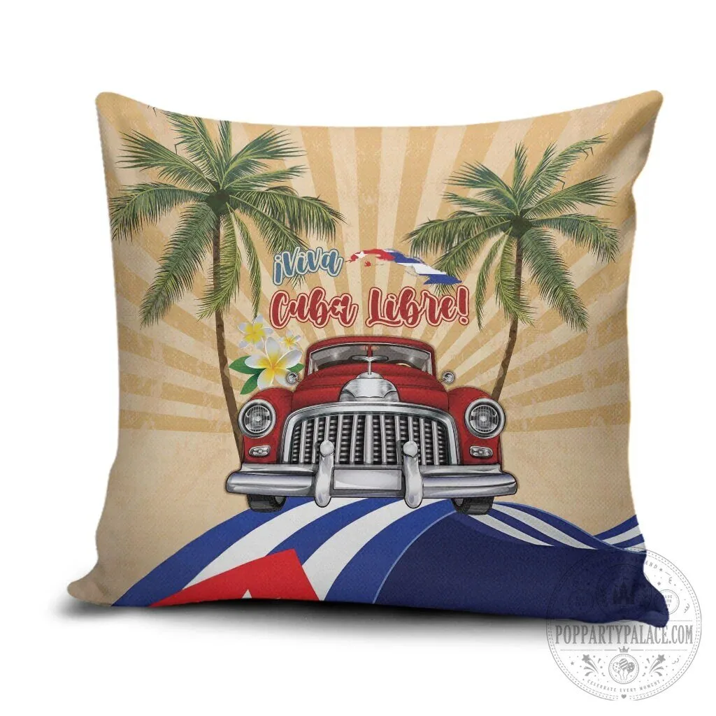 Viva Cuba Libre Retro Car Palm Trees Cuban Flag Decorative Pillow