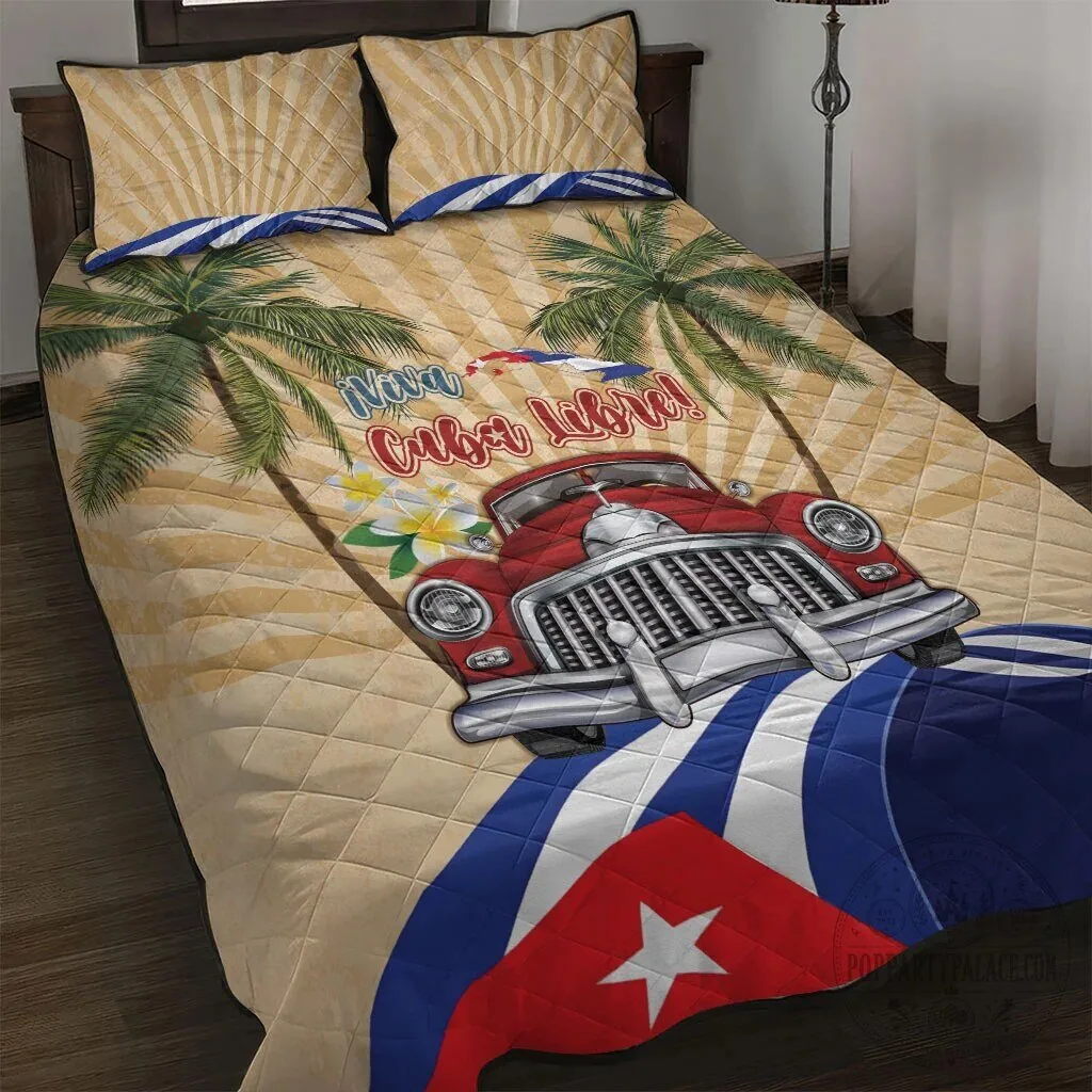 Viva Cuba Libre Retro Car Tropical Palm Trees Quilted Bedding Set