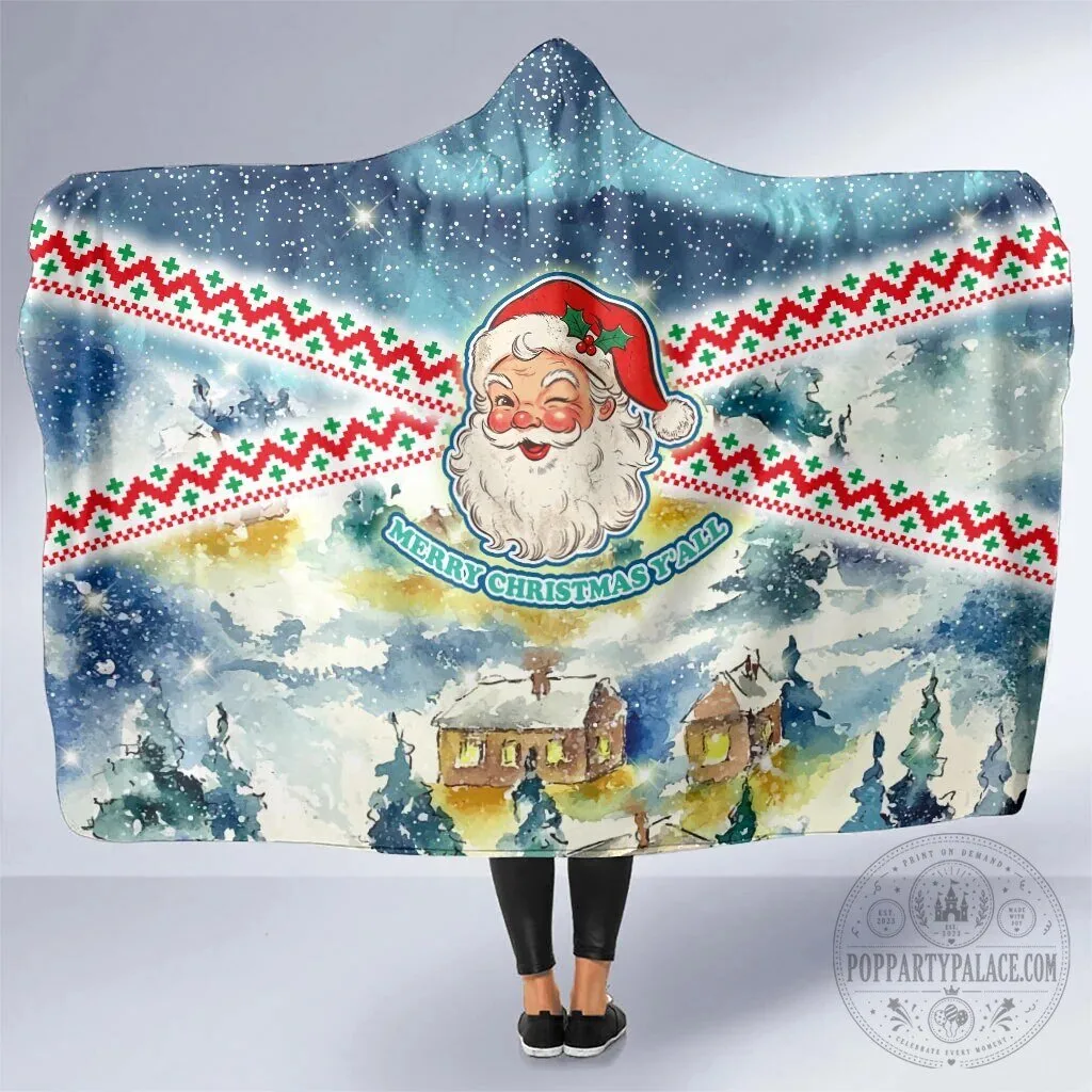 Merry Christmas Y'all Winking Santa Claus Snowy Winter Scene Hooded Blanket 2 Merry Christmas Y'all Winking Santa Claus Snowy Winter Scene Hooded Blanket