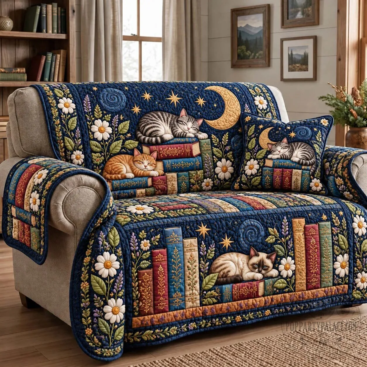 Sleeping Cats On Bookshelf Quilted Sofa Cover 5 Sleeping Cats On Bookshelf Quilted Sofa Cover
