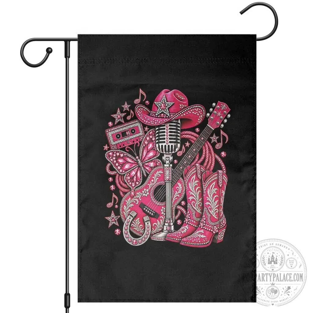 Pink Glam Cowgirl Boots Butterfly Rhinestone Country Music Garden Flag 5 Pink Glam Cowgirl Boots Butterfly Rhinestone Country Music Garden Flag