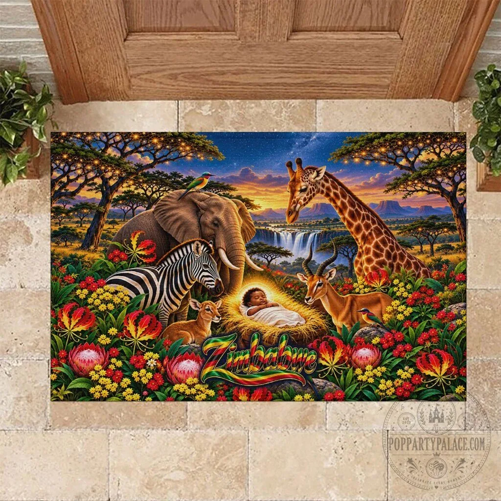 Zimbabwe Christmas Holy Family Nativity Scene African Wildlife Doormat