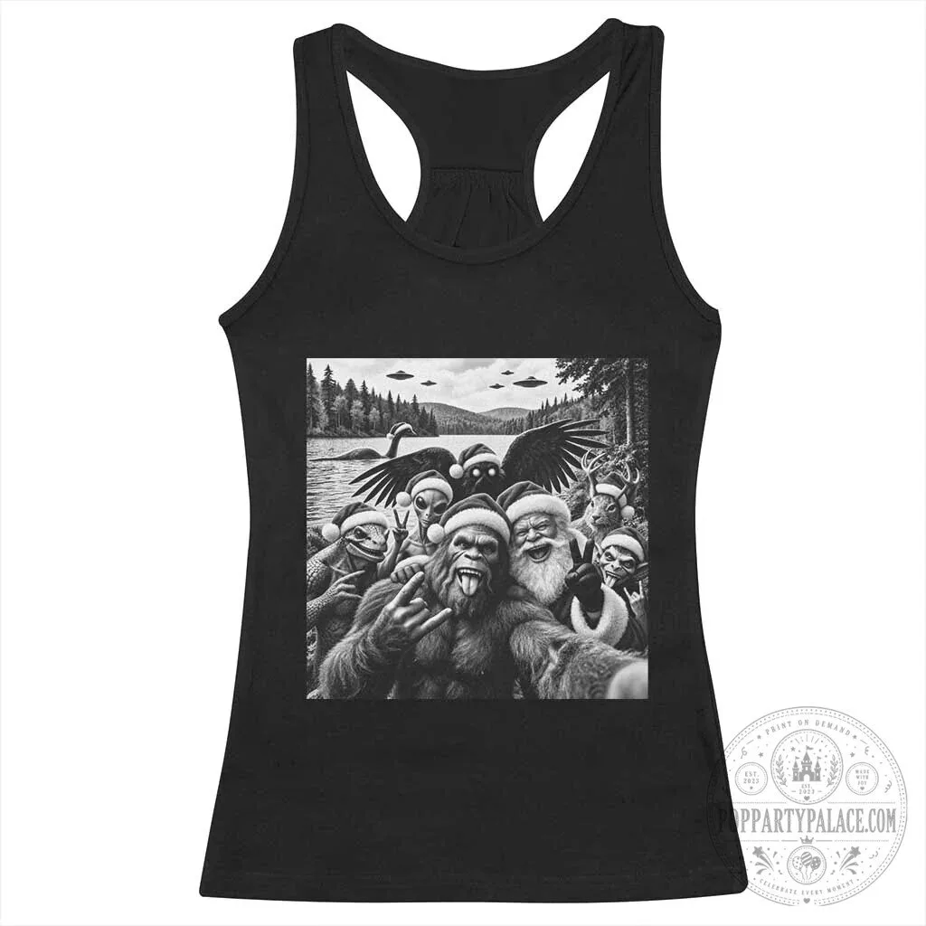 Christmas Cryptid Selfie Bigfoot Santa Alien Mothman Nessie Holiday Racerback Tank Top