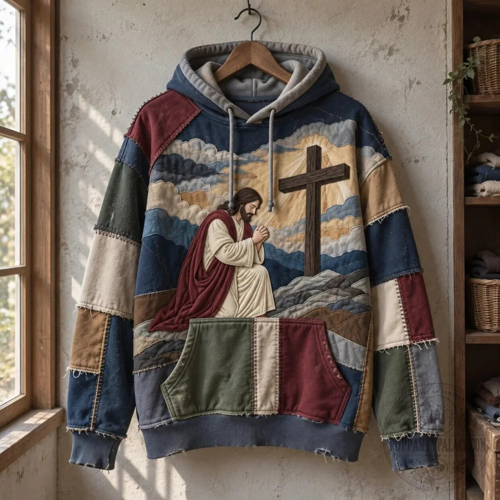 Jesus Christ Praying Patchwork Style Christian Faith Hoodie Jesus Christ Praying Patchwork Style Christian Faith Hoodie